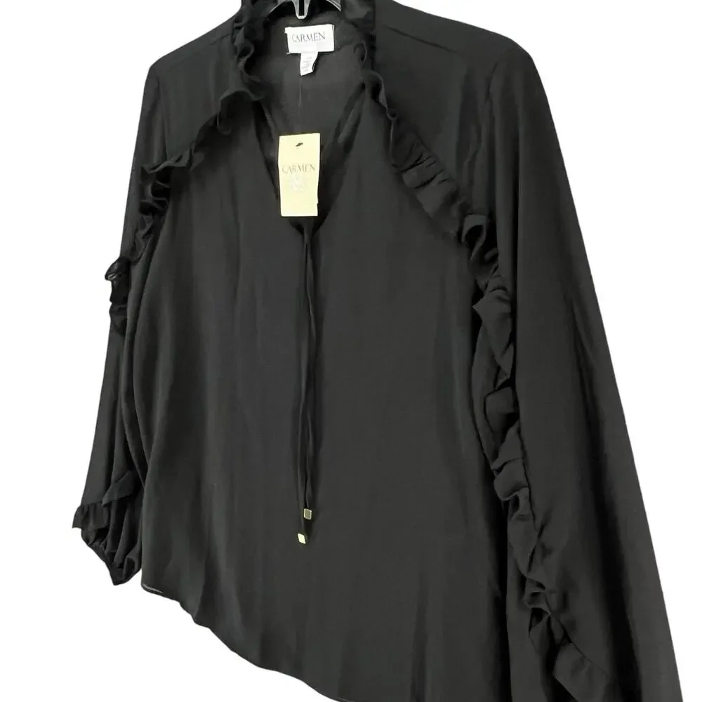 Carmen Marc Valvo Top Womens S Black Chiffon Ruffle‎ Lightweight Coquette Blouse - Picture 2 of 16